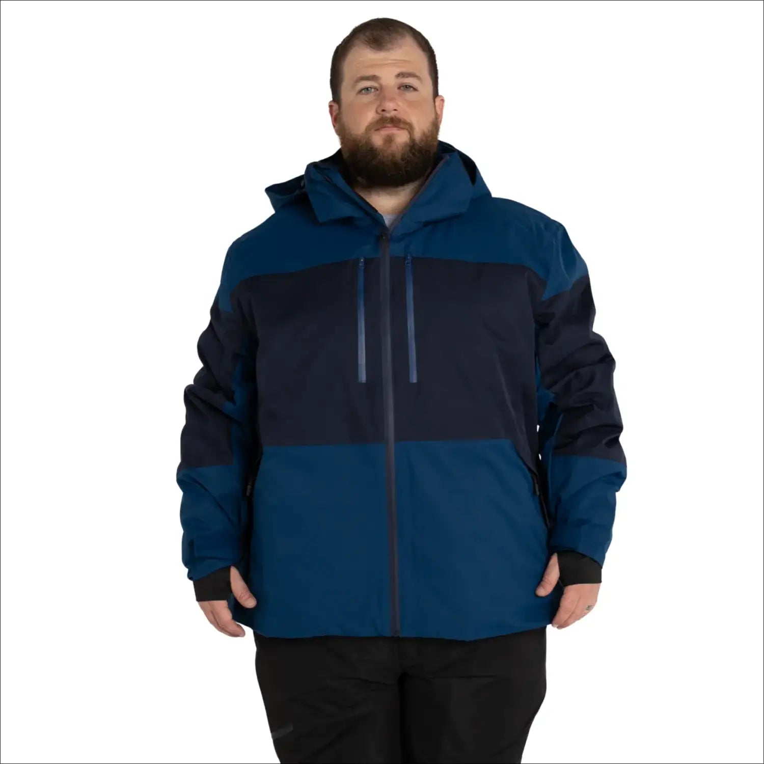 Man in blue and navy hooded insulated winter ski jacket outdoors