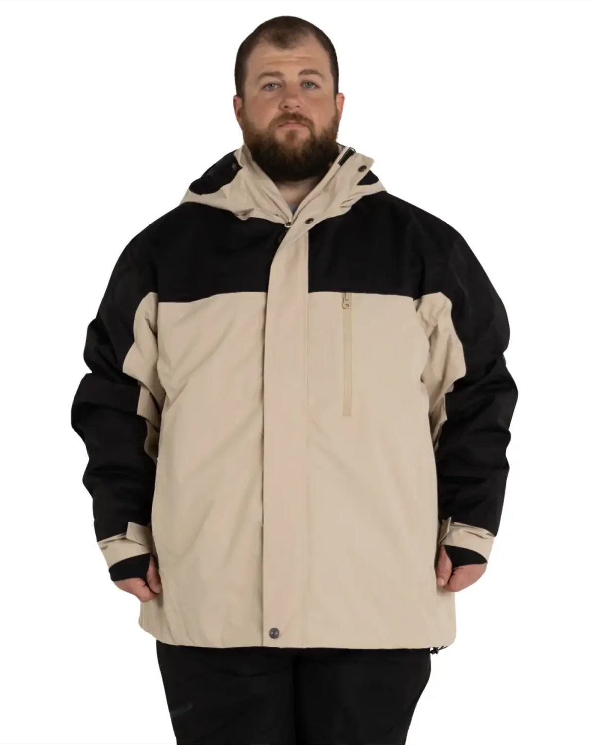 Two-tone insulated men’s winter ski jacket with waterproof design and large hood
