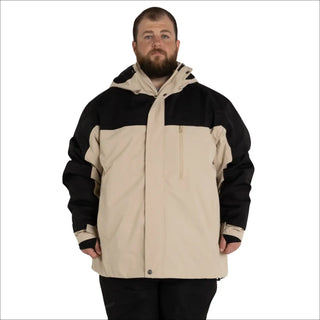 Two-tone insulated men’s winter ski jacket with waterproof design and large hood