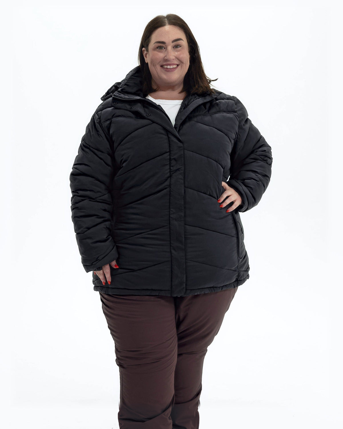 Black Geneva women's plus size mid length synthetic down jacket, front