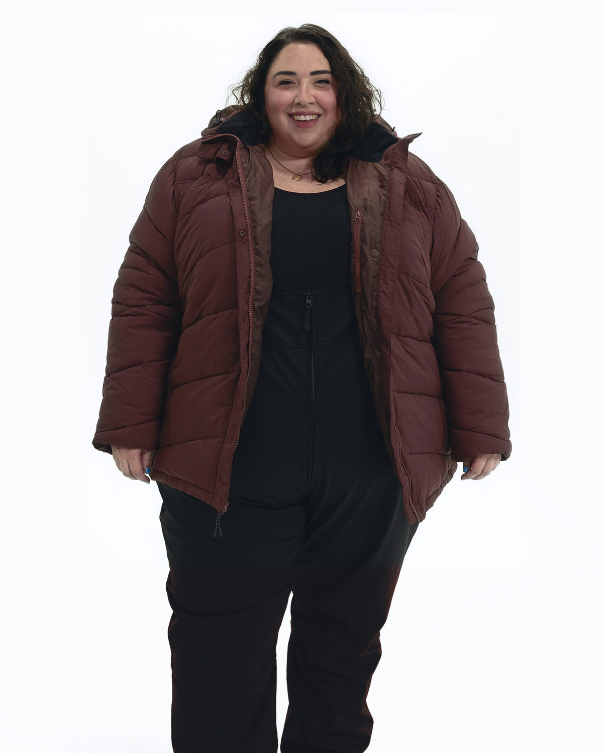 Bourbon Geneva women's plus size mid length synthetic down jacket, front, worn open