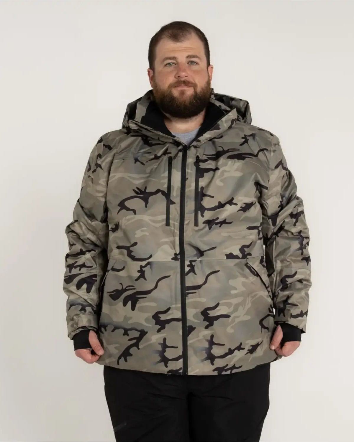 Camouflage hooded insulated winter patrol ski jacket coat for men in large sizes