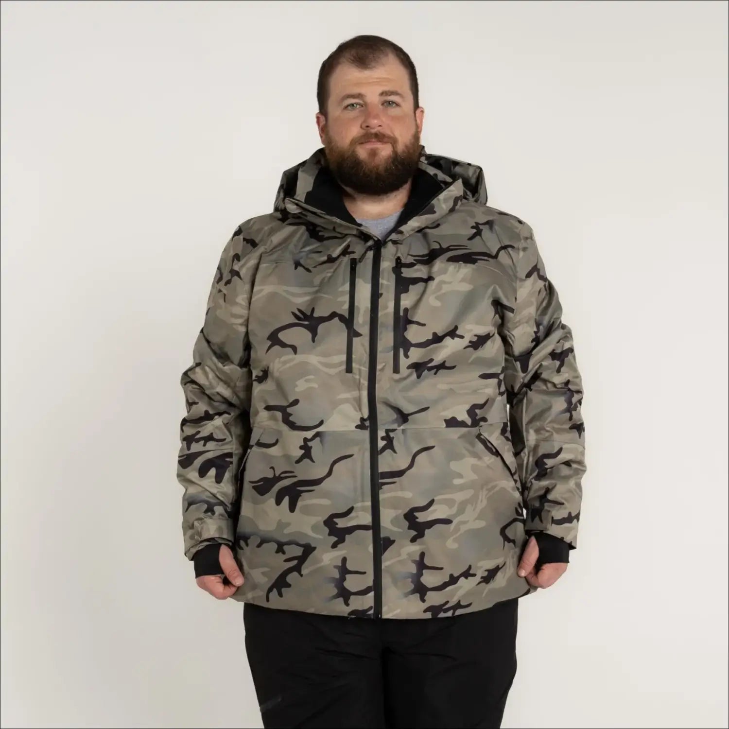 Camouflage hooded insulated winter patrol ski jacket coat for men in large sizes