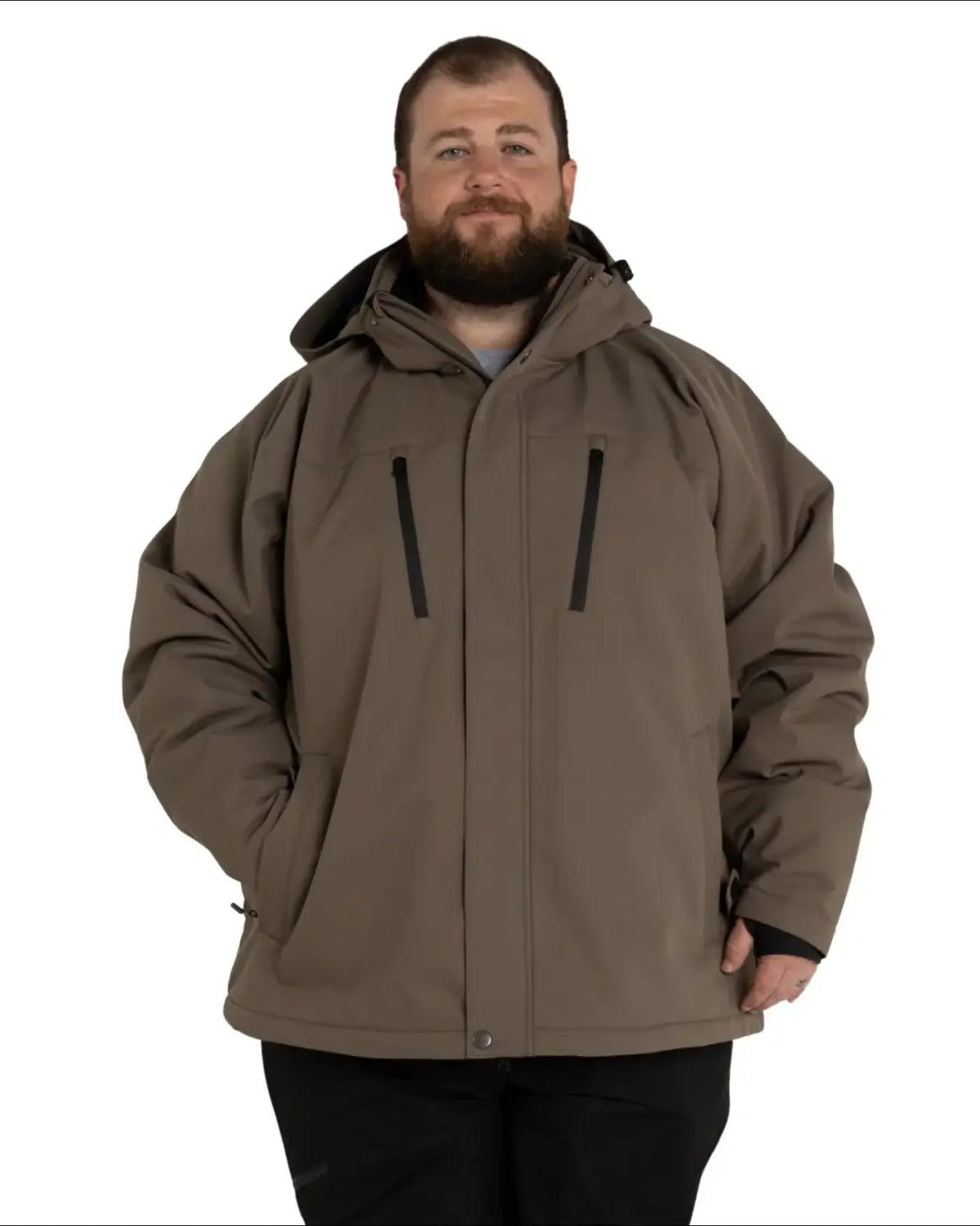 Man wearing a brown hooded Snow Country Outerwear Siberian III insulated winter jacket