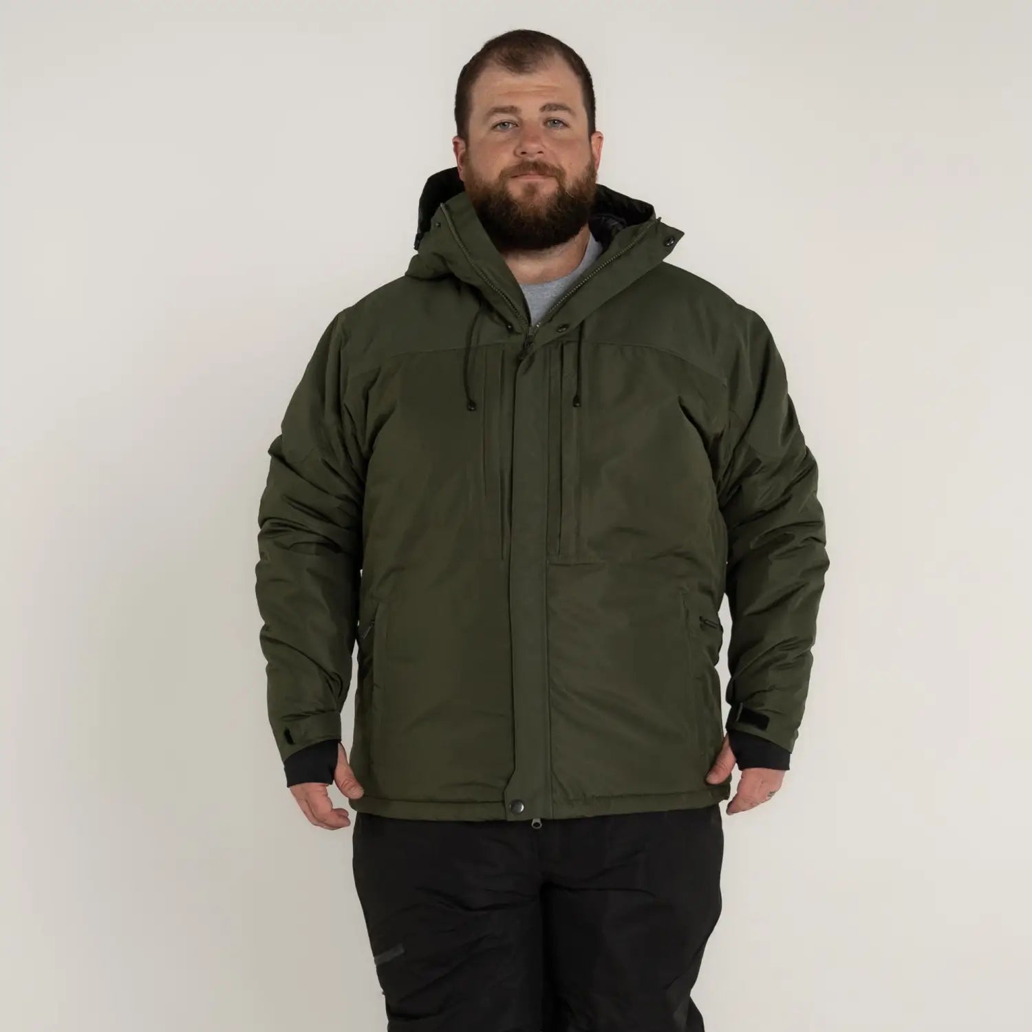 Man in green hooded winter ski jacket suitable for big sizes 2XL to 7XL