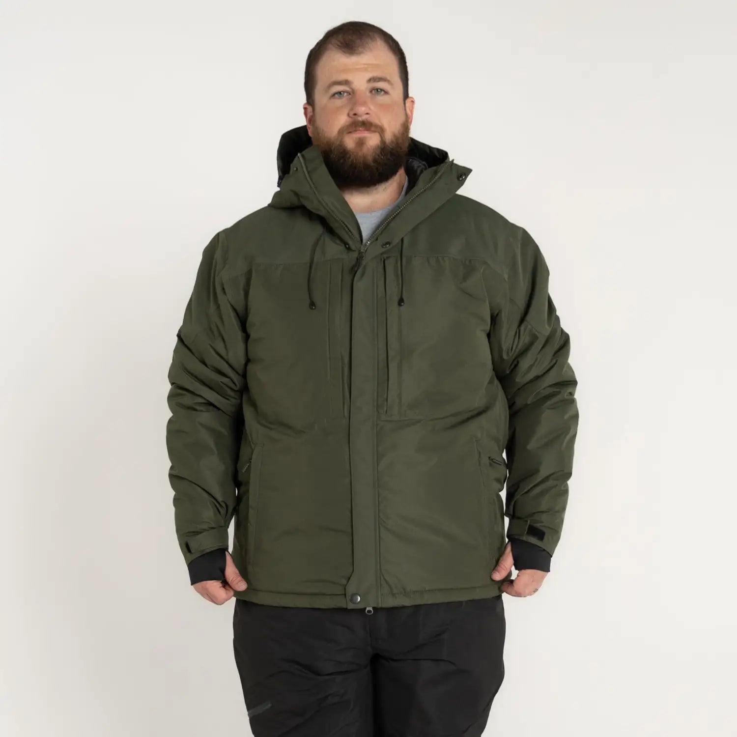 Olive green hooded winter jacket for men in big sizes 2XL to 7XL for snow skiing