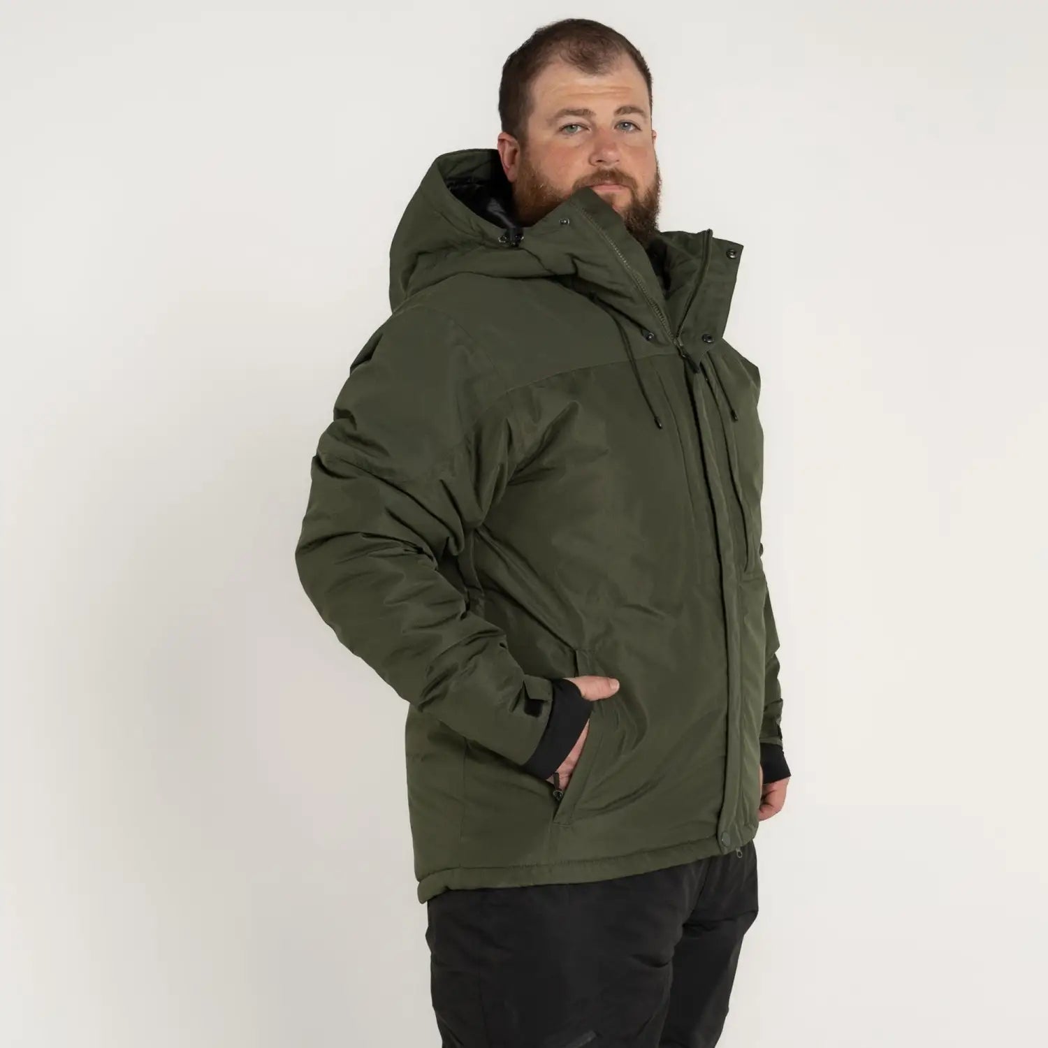 Olive green hooded winter jacket for men in big sizes 2XL to 7XL, insulated snow outerwear