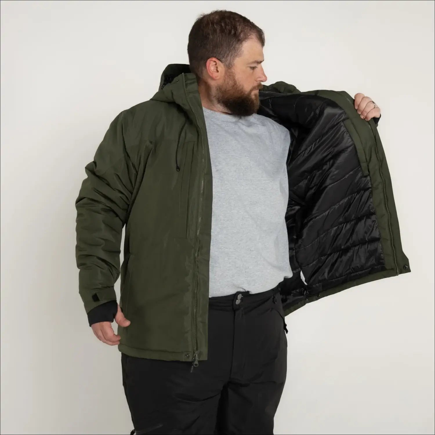 Olive green hooded winter jacket for men in big sizes 2XL to 7XL with insulated mountaineer style