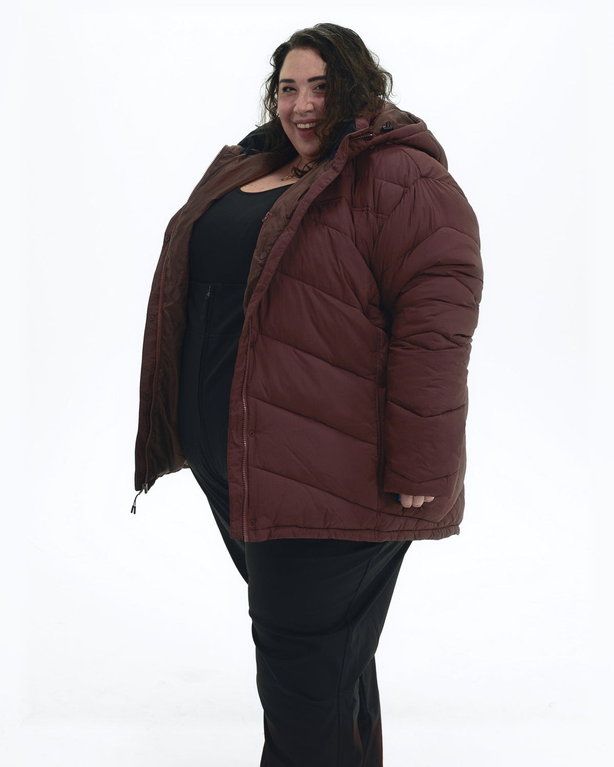 Bourbon Geneva women's plus size mid length synthetic down jacket, three quarter view, worn open