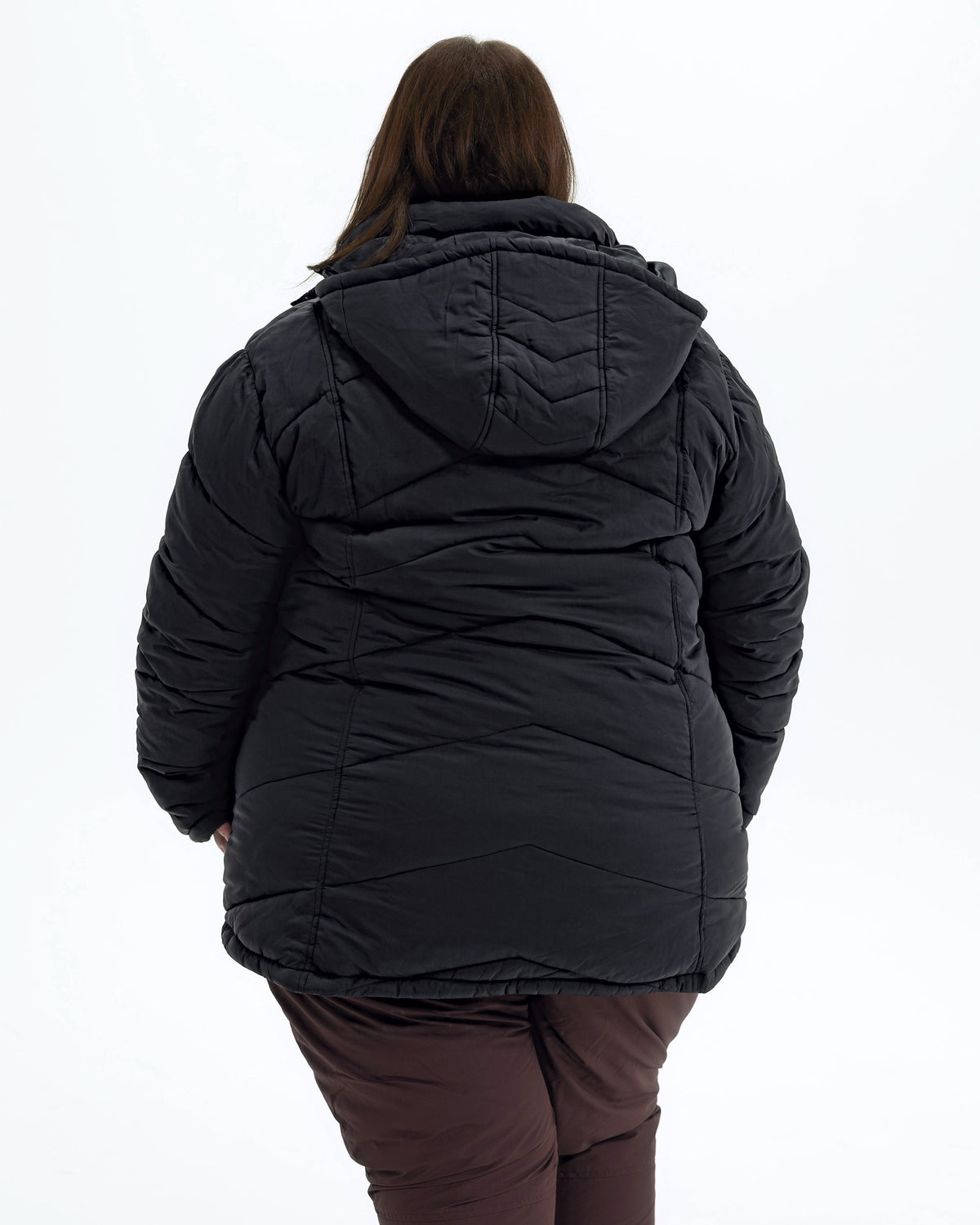 Black Geneva women's plus size mid length synthetic down jacket, back with hood