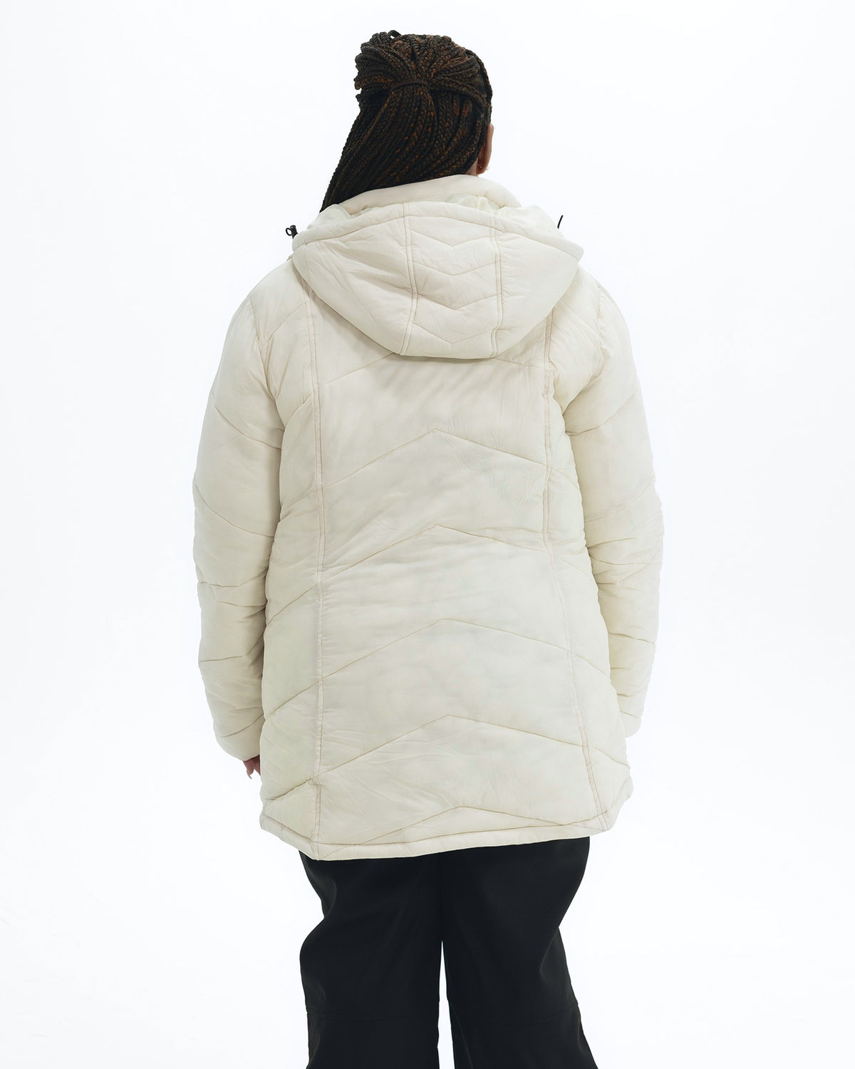 Winter White Geneva women's plus size mid length synthetic down jacket, back with hood