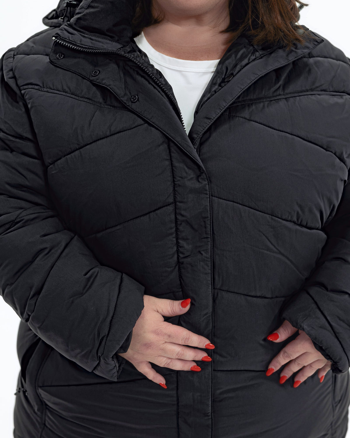 Black Geneva women's plus size mid length synthetic down jacket, front placket detail
