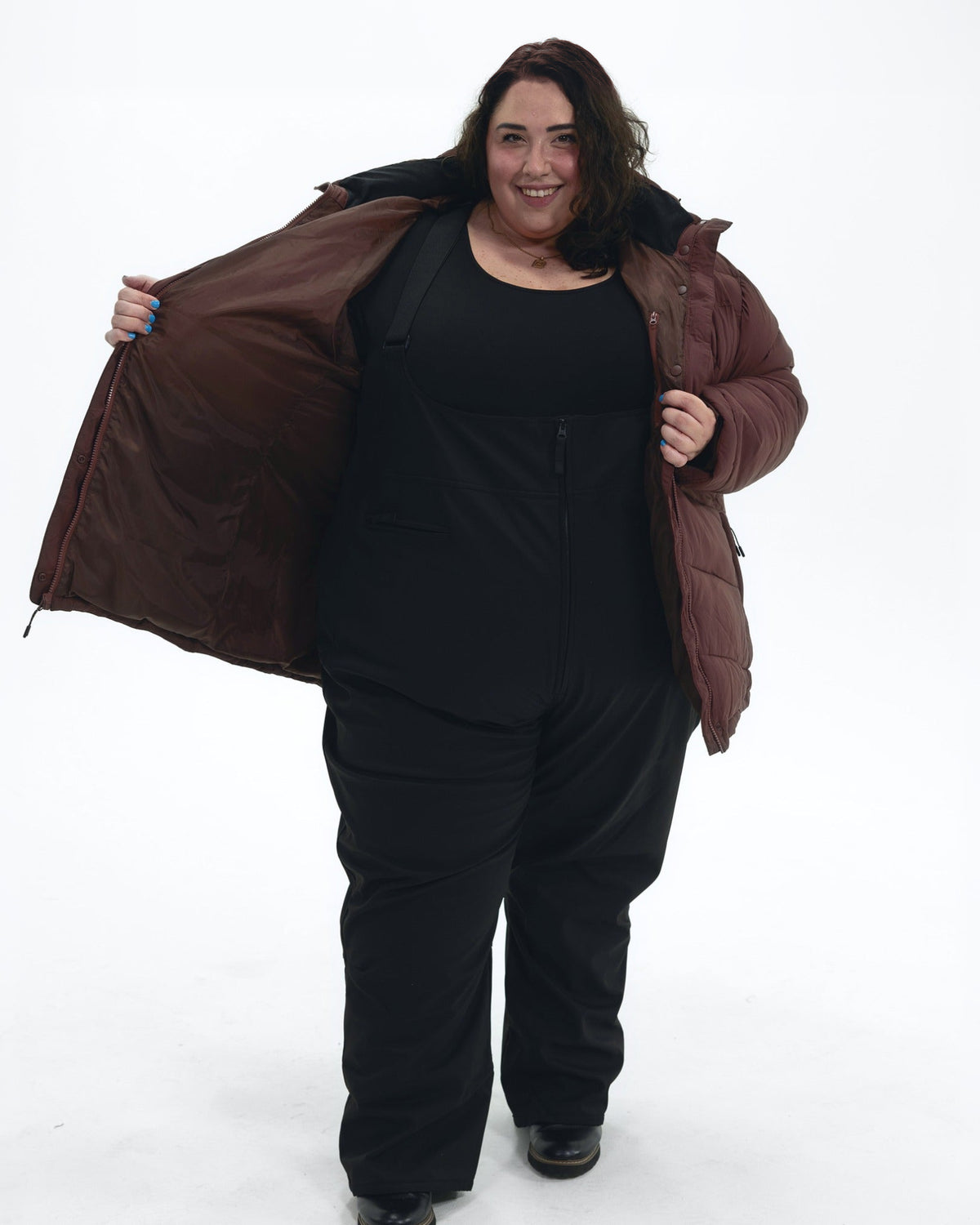 Bourbon Geneva women's plus size mid length synthetic down jacket, worn open showing the lining