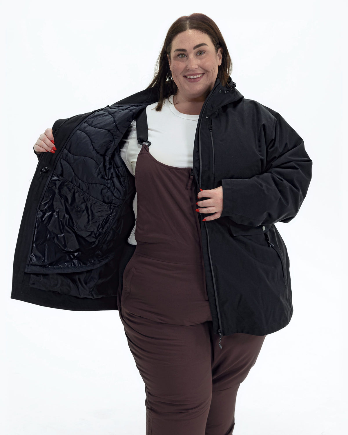 Black Swiss Systems women's plus size 3 in 1 winter jacket, shell worn open over the zip-in quilted liner