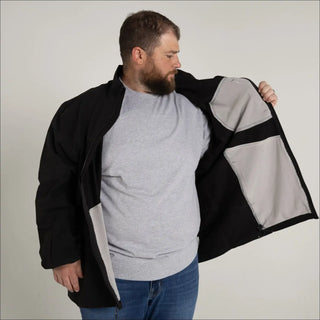 Men’s Big Rain Jacket with black exterior, gray lining, and pockets for spring and fall