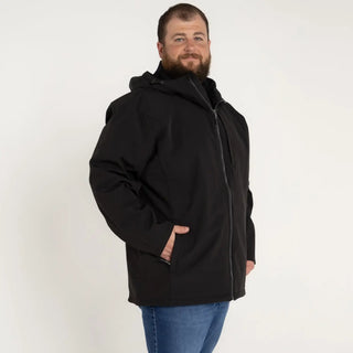 Man in black hooded jacket from Men’s Big 2XL-7XL Cyclone Stretch Soft Shell Outerwear