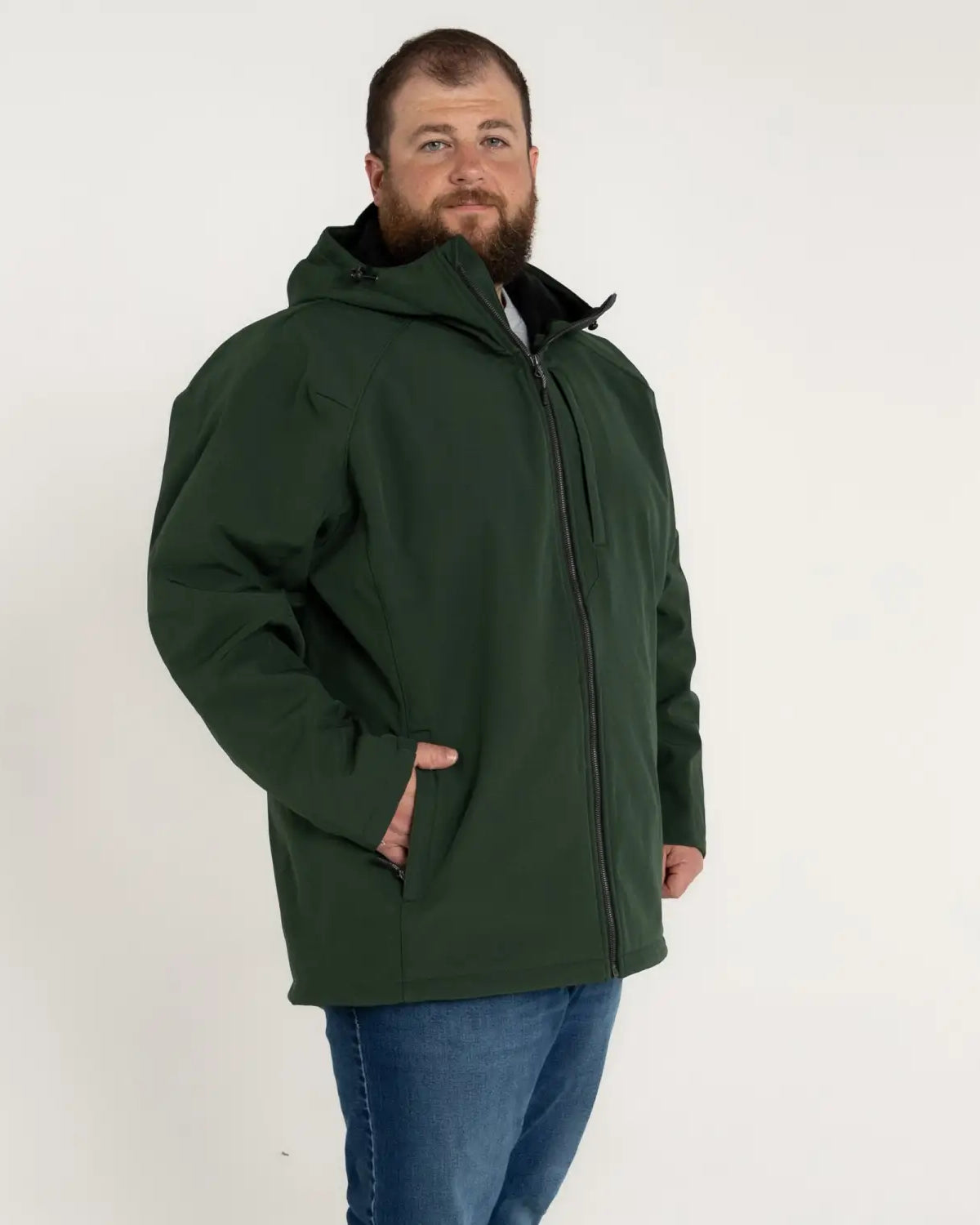Man in green hooded jacket from Men’s Big 2XL-7XL Cyclone Stretch Soft Shell Outerwear