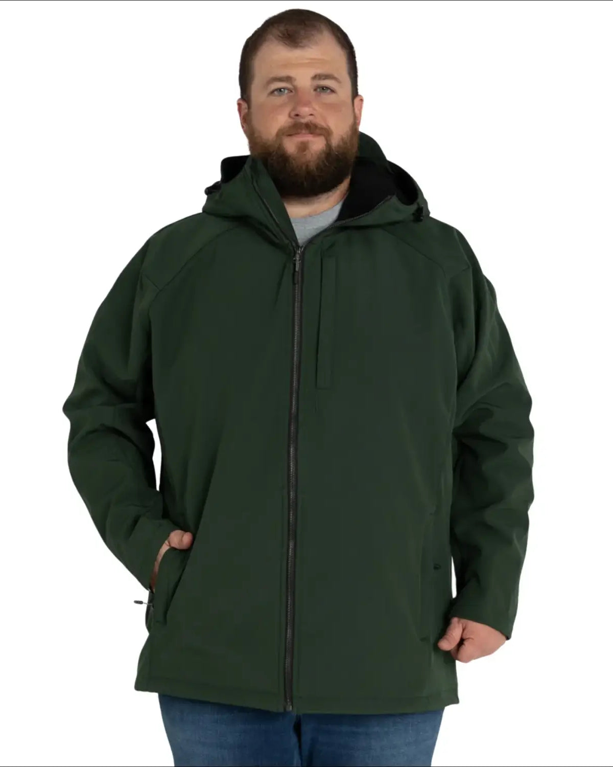 Man wearing a green hooded Cyclone Stretch Soft Shell Jacket outdoors