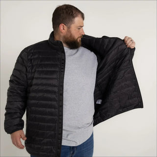 Black puffer jacket displayed in Men’s Big 2XL-7XL Packable 90 10 Down Jacket Coat Outerwear