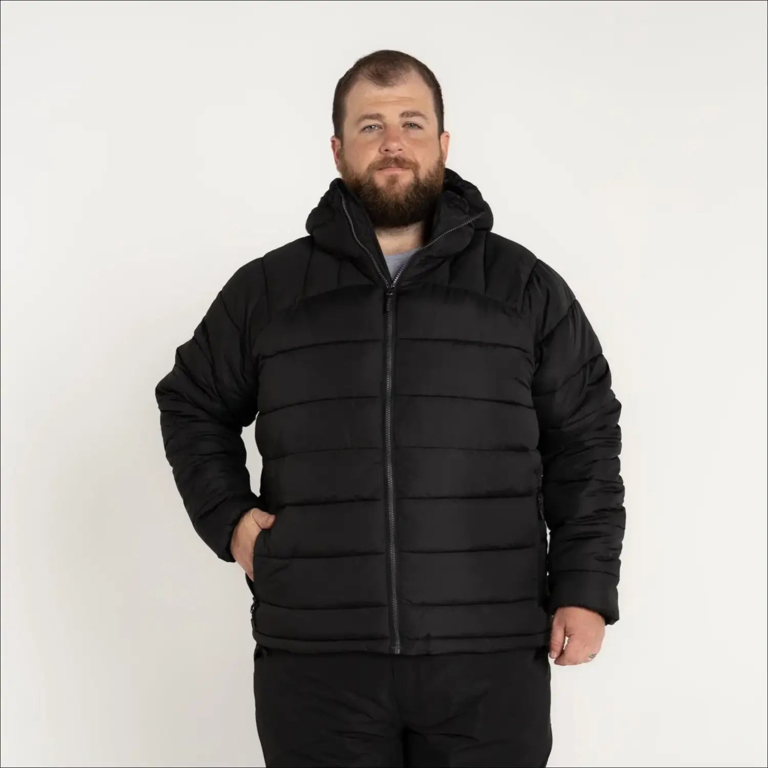 Black hooded puffer jacket for men in 2XL-7XL synthetic down winter coat outdoorwear