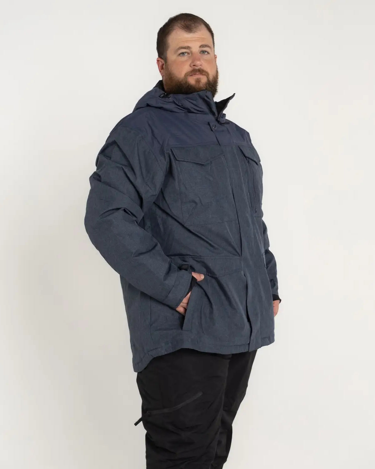 Man in a hooded blue Snow Country Outerwear Winter Insulated Parka Coat in big sizes