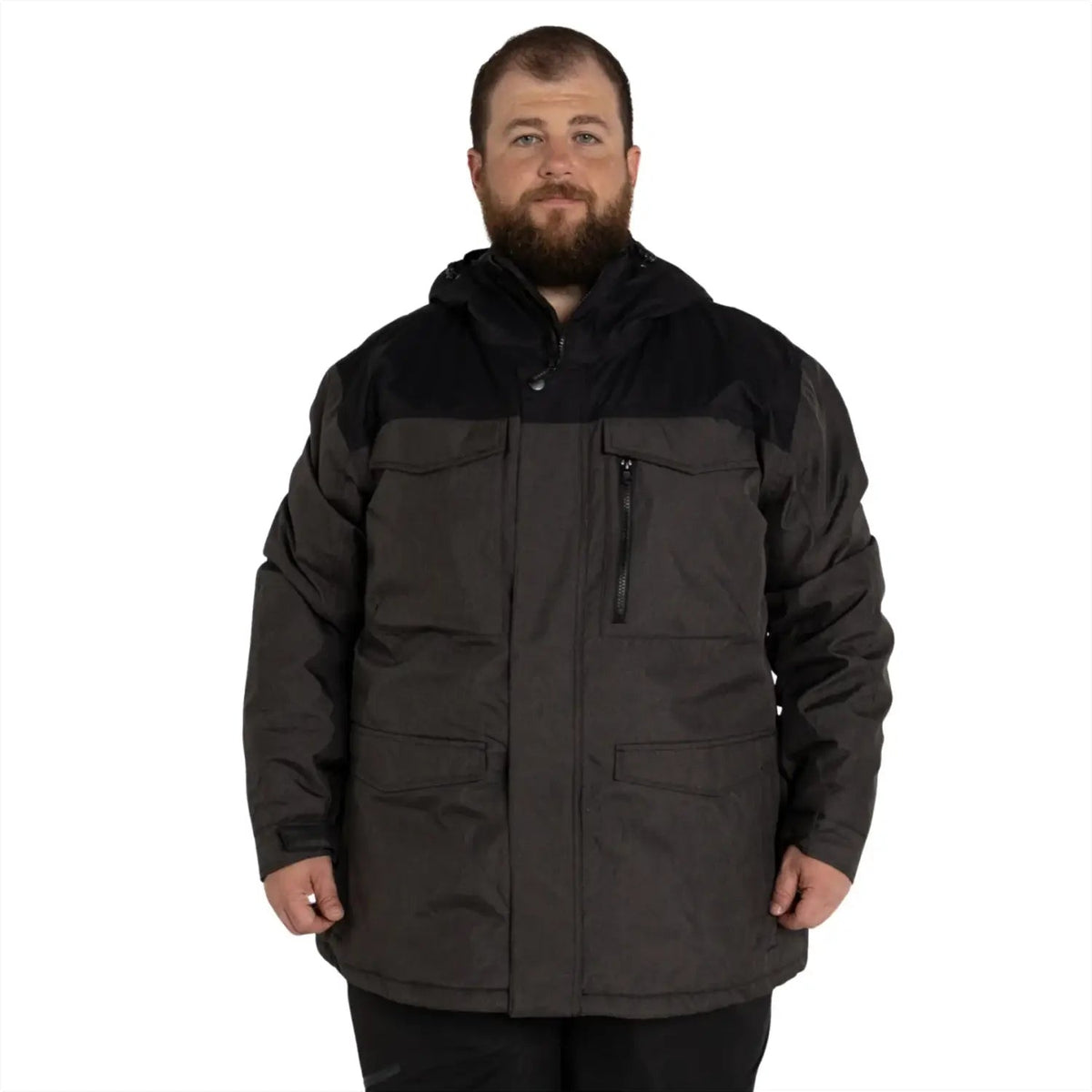 Man in a gray and black insulated Snow Country Ski Winter Jacket Traverse