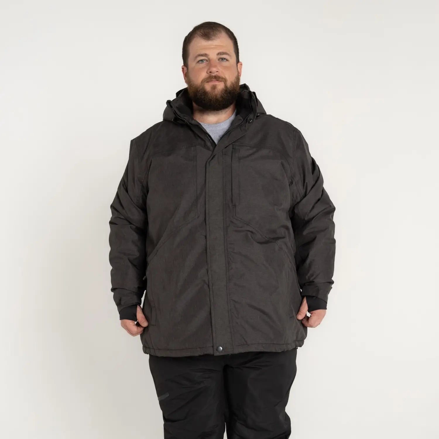 Man in a dark insulated winter snow ski jacket coat from Men’s Big Sizes 2XL-6XL Outerwear