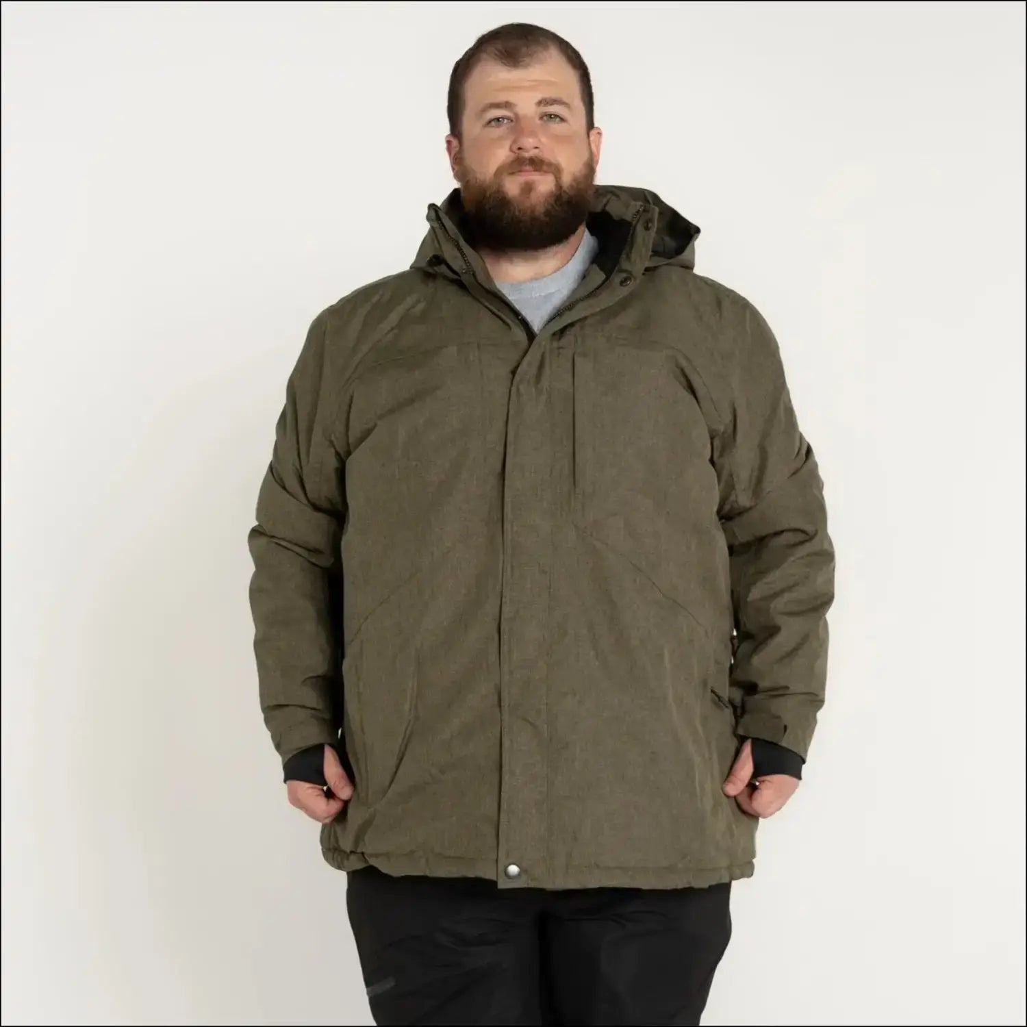 Olive green hooded parka from Snow Country Outerwear Men’s insulated winter ski jacket