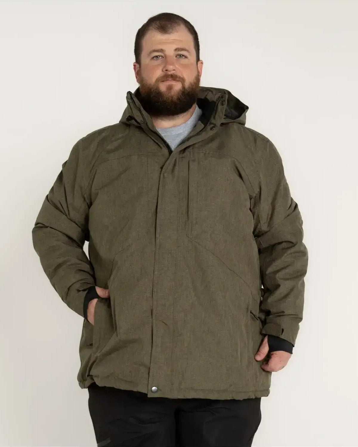 Olive green hooded winter jacket displayed in Snow Country Men’s Insulated Ski Coat