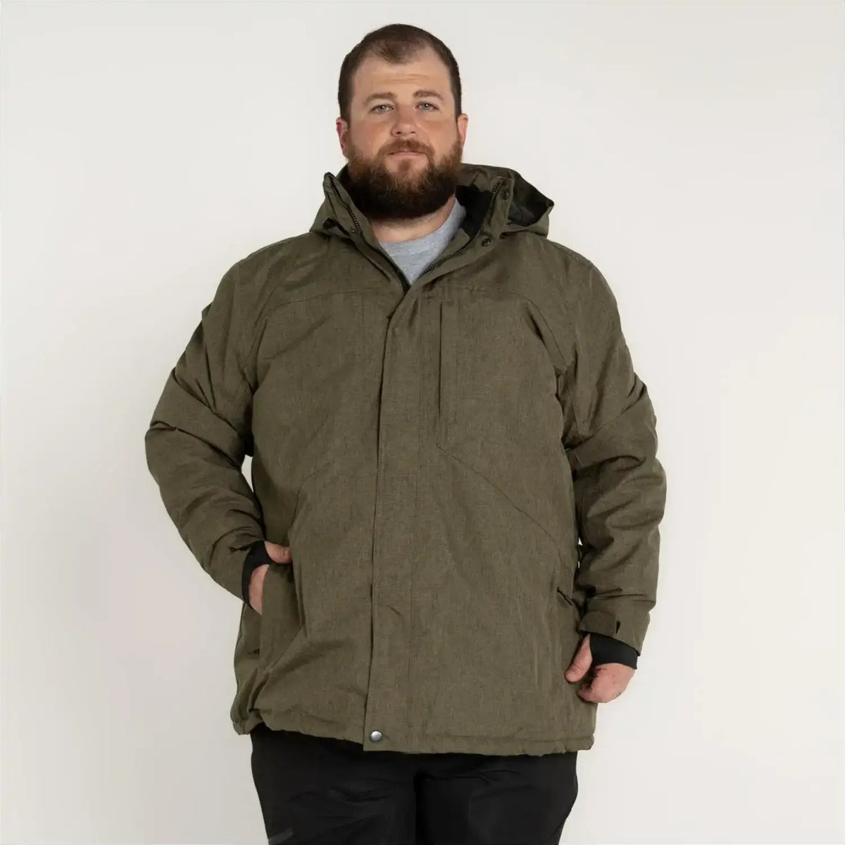 Olive green hooded winter jacket displayed in Snow Country Men’s Insulated Ski Coat