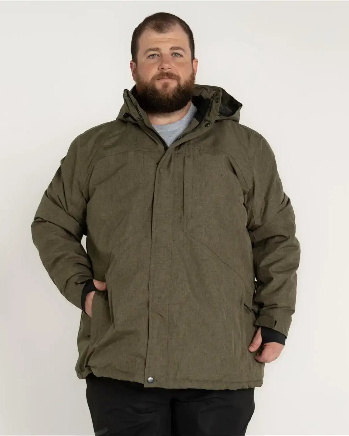 Olive green hooded winter jacket displayed in Snow Country Men’s Insulated Ski Coat