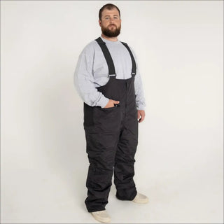Black insulated bib overalls for skiing and snowboarding in men’s big and tall sizes