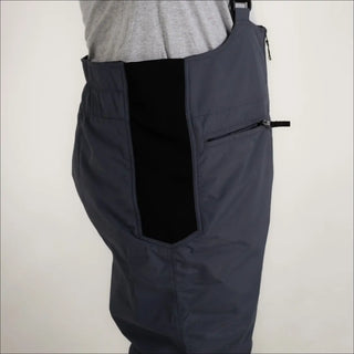 Gray bib overalls with a black panel from Snow Country Outerwear Men’s Insulated Ski Snow Bibs