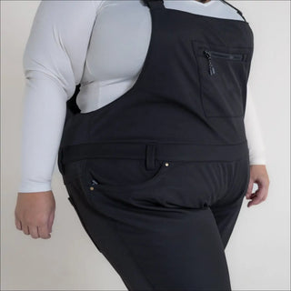 Black plus-size overalls for women in soft shell stretch snow ski bibs pants