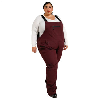 Burgundy plus-size soft shell stretch snow ski bibs pants for women in 1X to 6X sizes