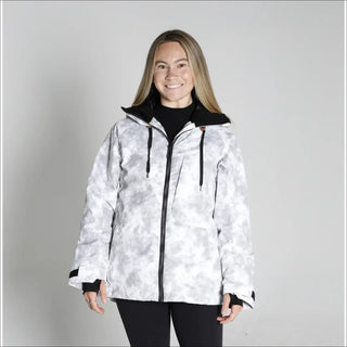 Woman wearing a white camouflage jacket from Snow Country Outerwear for snowboarding and winter skiing