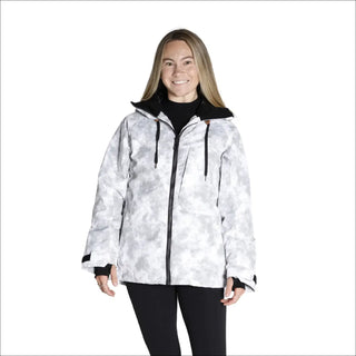 Woman’s white camouflage winter jacket from Snow Country Outerwear, perfect for snowboarding and skiing