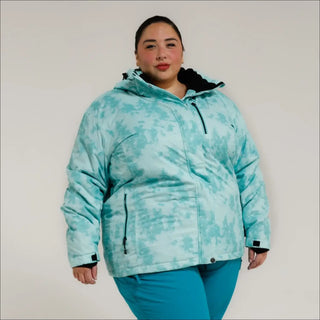 Aqua patterned hooded insulated winter snow ski jacket for women Plus Size 1X-4X