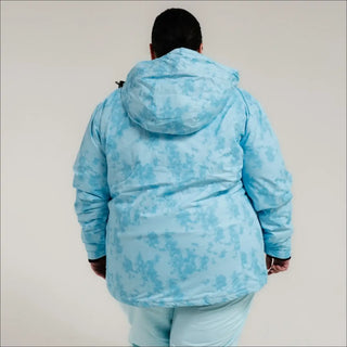 Light blue patterned hooded winter ski jacket for women’s plus size 1X-4X outerwear