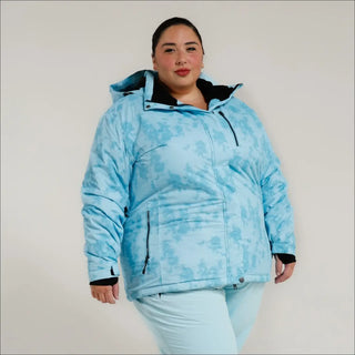 Light blue patterned insulated winter snow ski jacket for women’s plus size outdoorwear