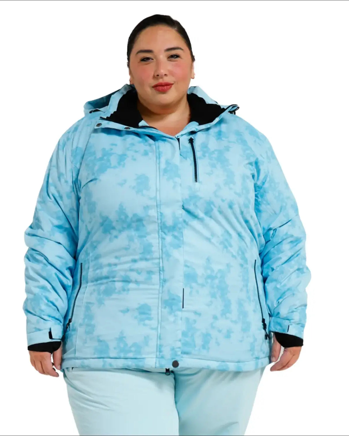 Light blue patterned insulated winter snow ski jacket for women plus size 1X-4X