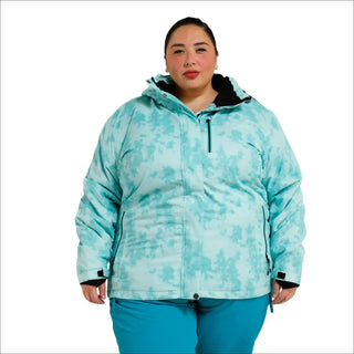Woman wearing teal patterned insulated winter snow ski jacket from Bevel Snow Country Outerwear
