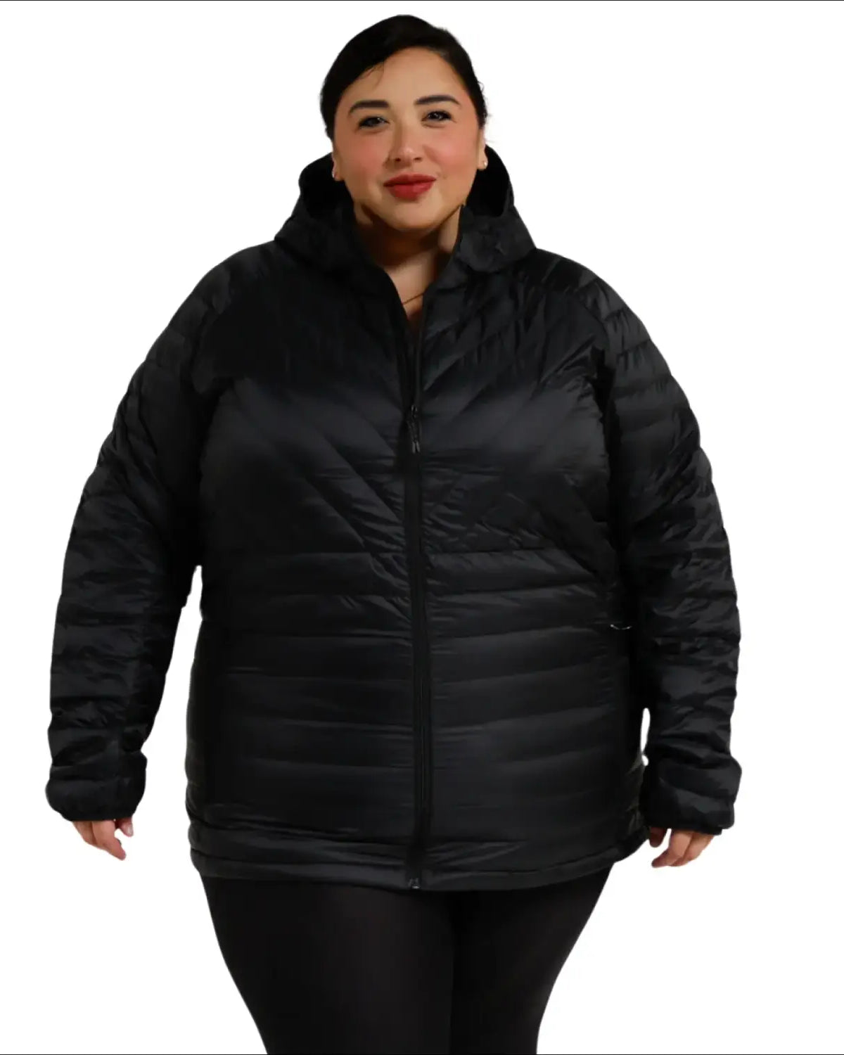 Black hooded puffer jacket for women in plus sizes, packable down coat for snow weather