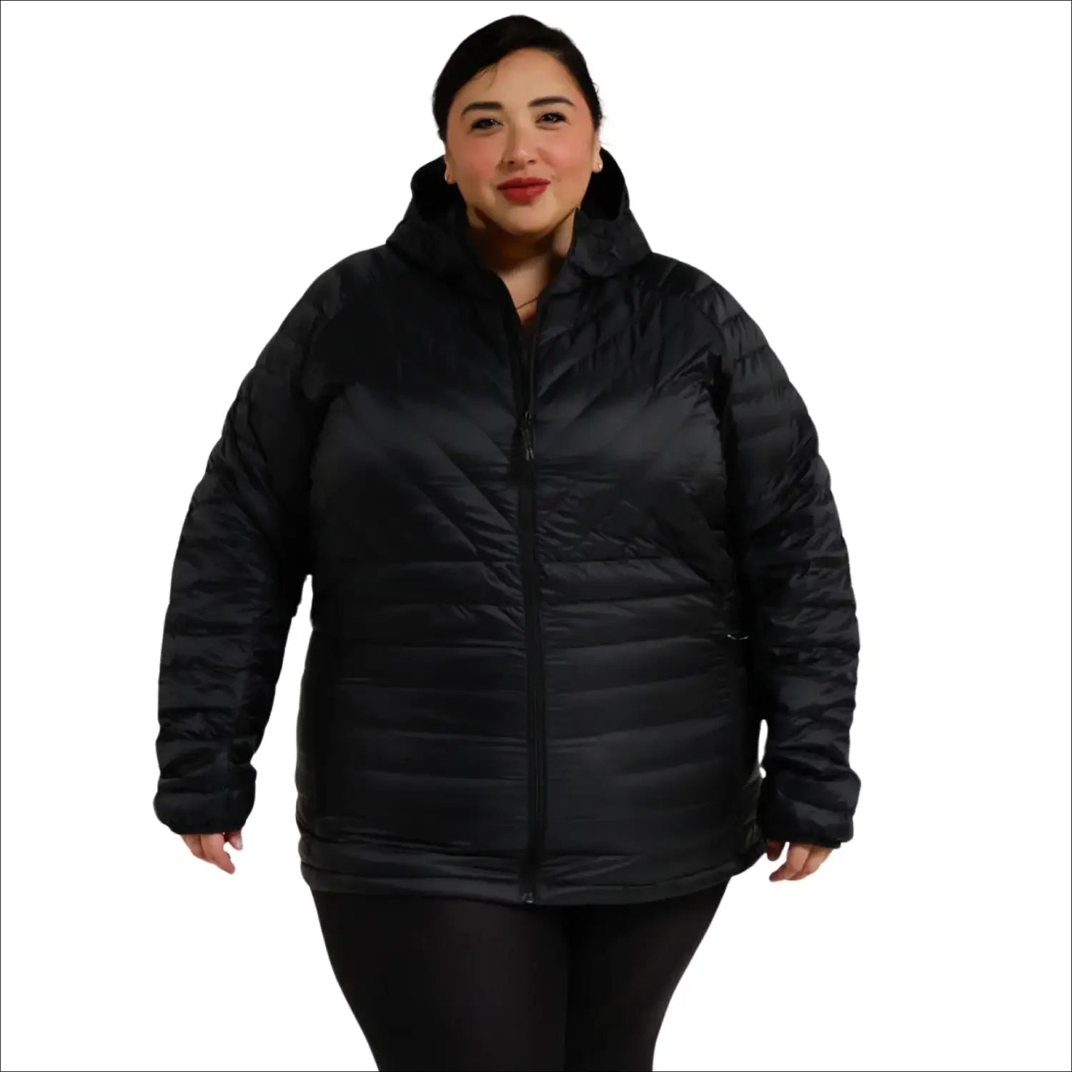 Black hooded puffer jacket for women in plus sizes, packable down coat for snow weather