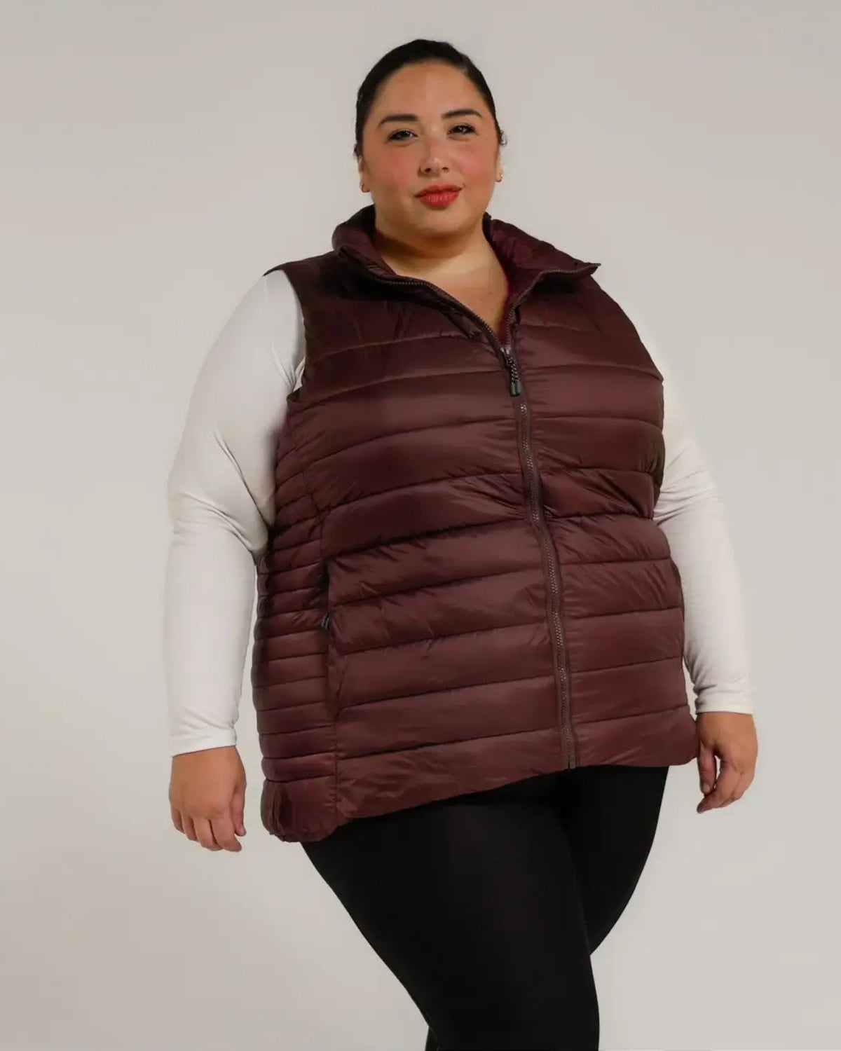 Burgundy puffer vest for women’s plus size synthetic down outerwear in 1X to 6X