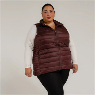 Burgundy puffer vest for women’s plus size synthetic down outerwear in 1X to 6X