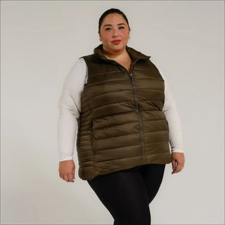 Women’s Plus Size Olive Green Puffer Vest in Synthetic Down Outerwear Collection