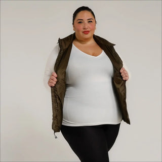 Woman in a brown vest wearing Plus Size Synthetic Down Vest outerwear for women