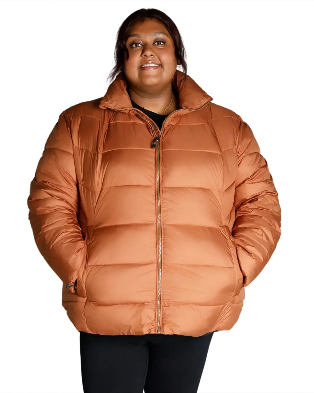 Copper-colored puffer jacket from Snow Country Outerwear Plus Size Lexington collection