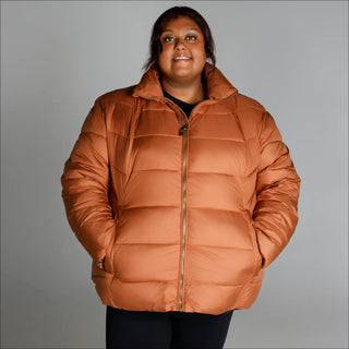 Copper-colored puffer jacket from Snow Country Outerwear Plus Size collection